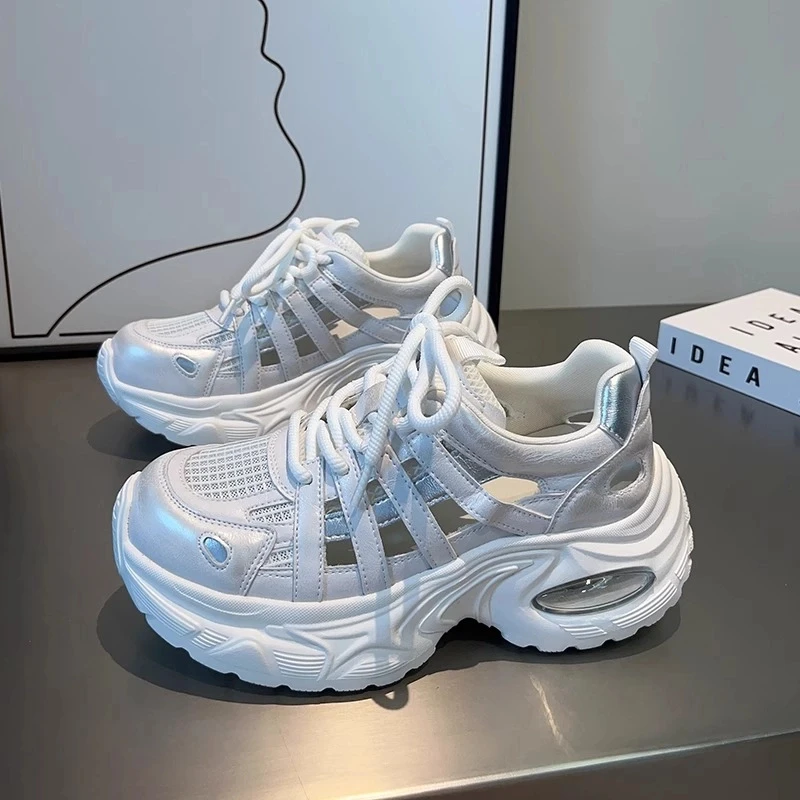 安踏联名镂空老爹鞋七容女2025夏增高网面透气轻便休闲运动凉鞋女