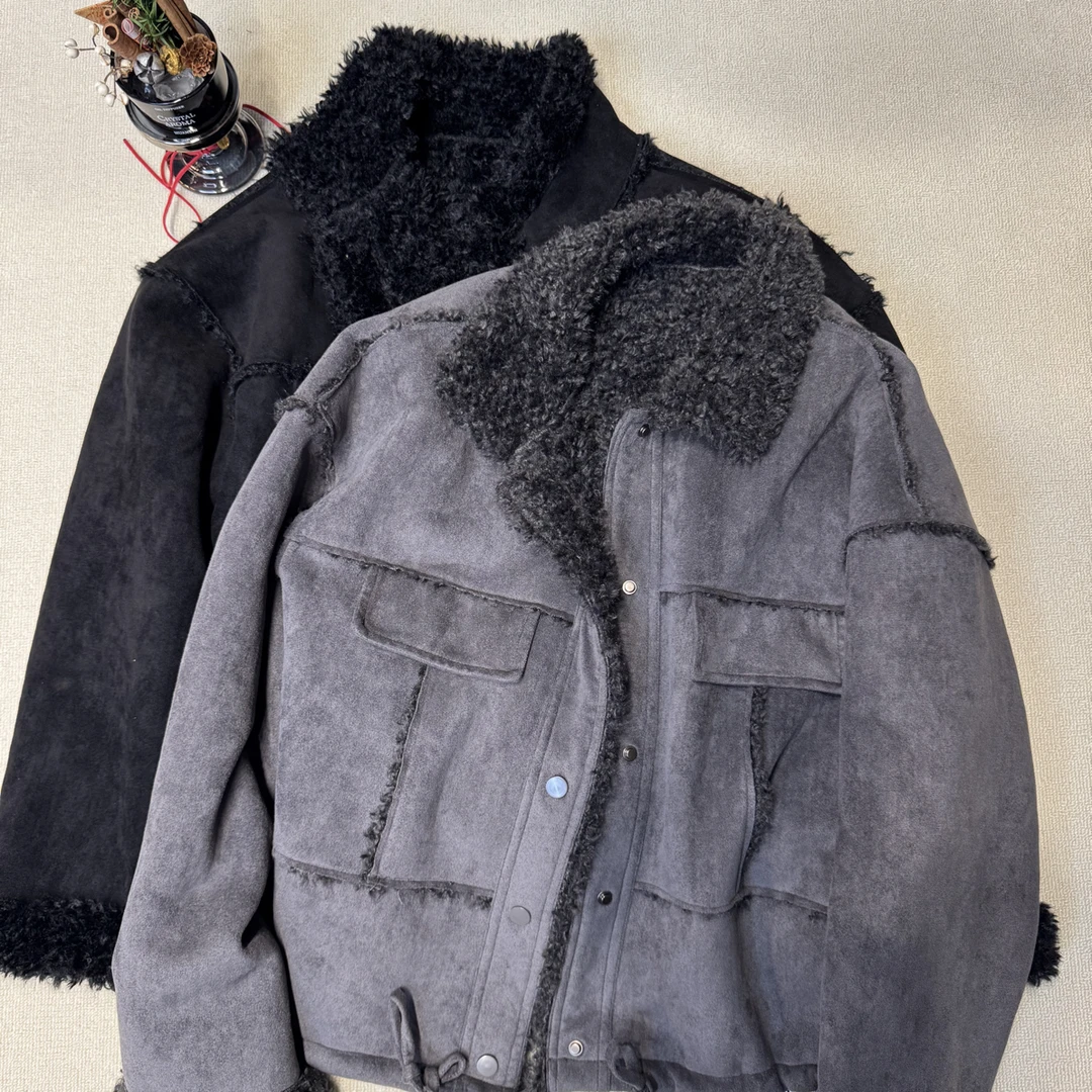 韩版轻熟风拼接翻领休闲短外套皮毛一体里面毛毛冬季外套