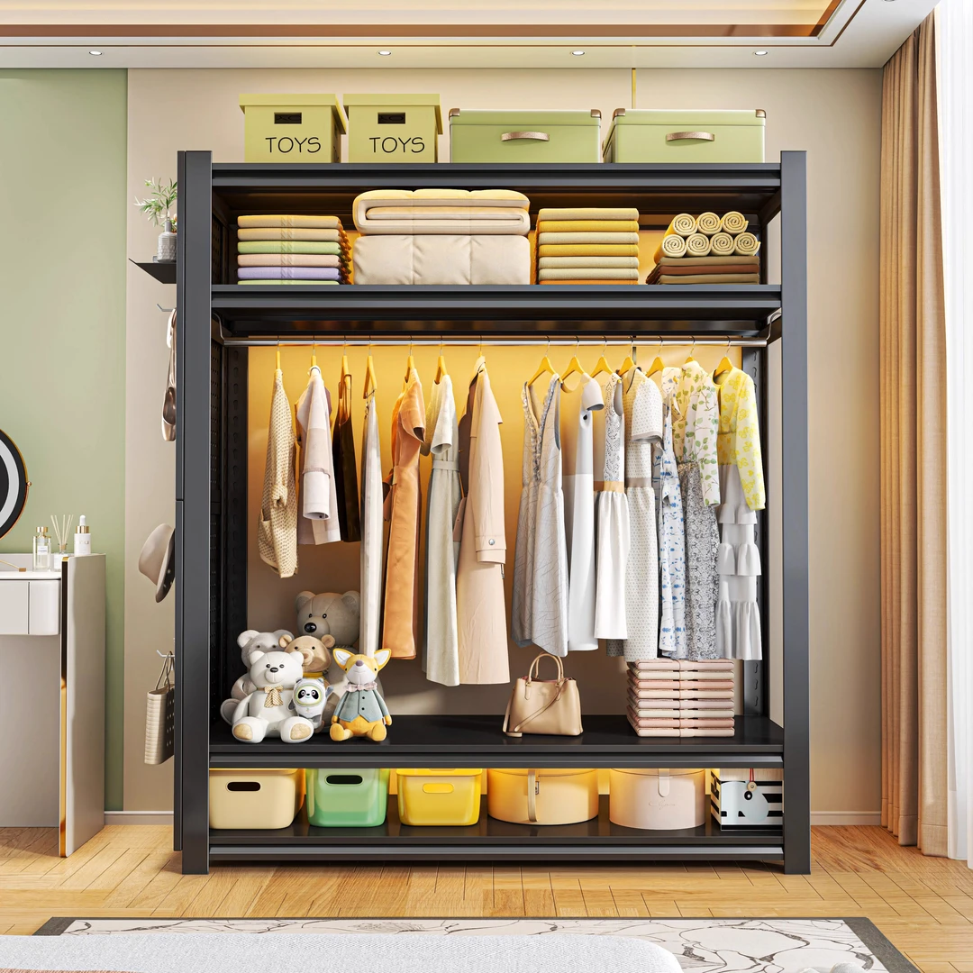 开放式货架衣柜卧室家用简易组装儿童衣橱防尘帘挂衣架金属衣帽架