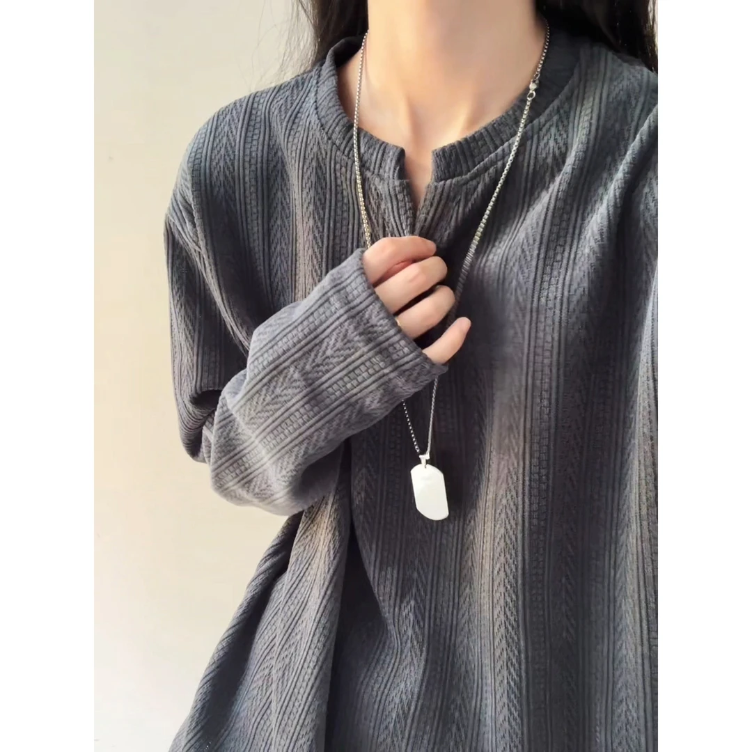 深灰色美式v领卫衣男秋季麦穗条纹提花长袖t恤cleanfit正肩打底衫