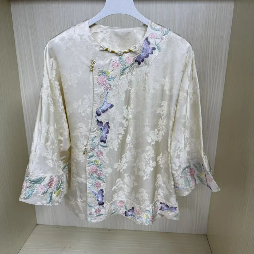 【薇风】夏季国风新中式绣花斜襟上衣女士显瘦衬衫百搭天丝0363