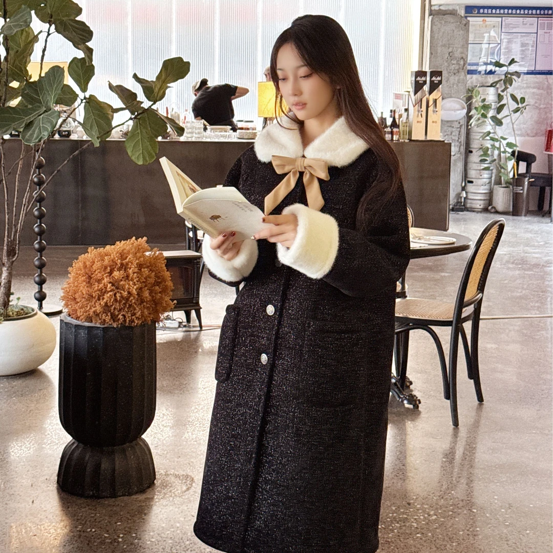 【学院风蝴蝶结三层加厚大衣】高级感冬季加绒翻领外套女中长款棉服