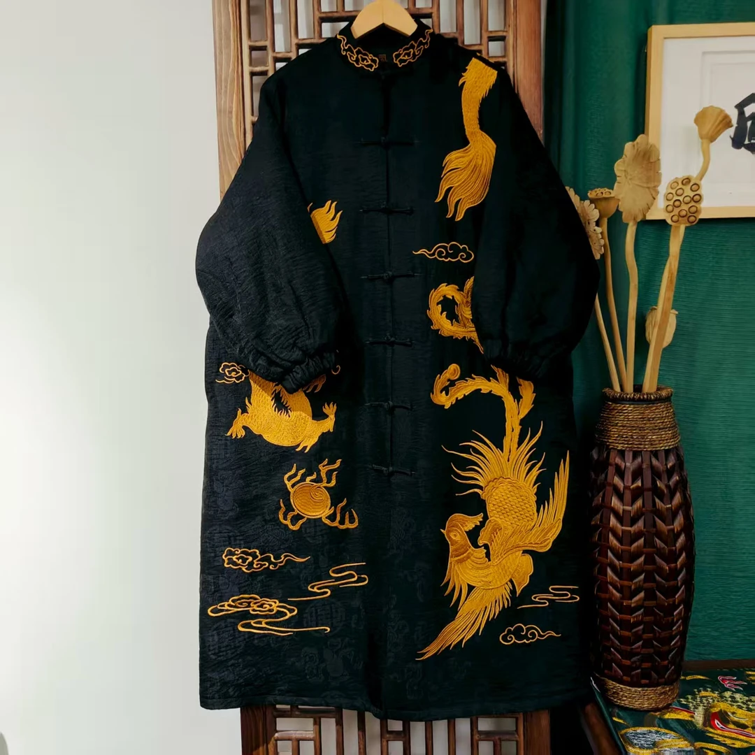 棉（LS118-12） 凤徕兮定制黑色福禄底黄色龙凤刺绣对襟盘扣棉服