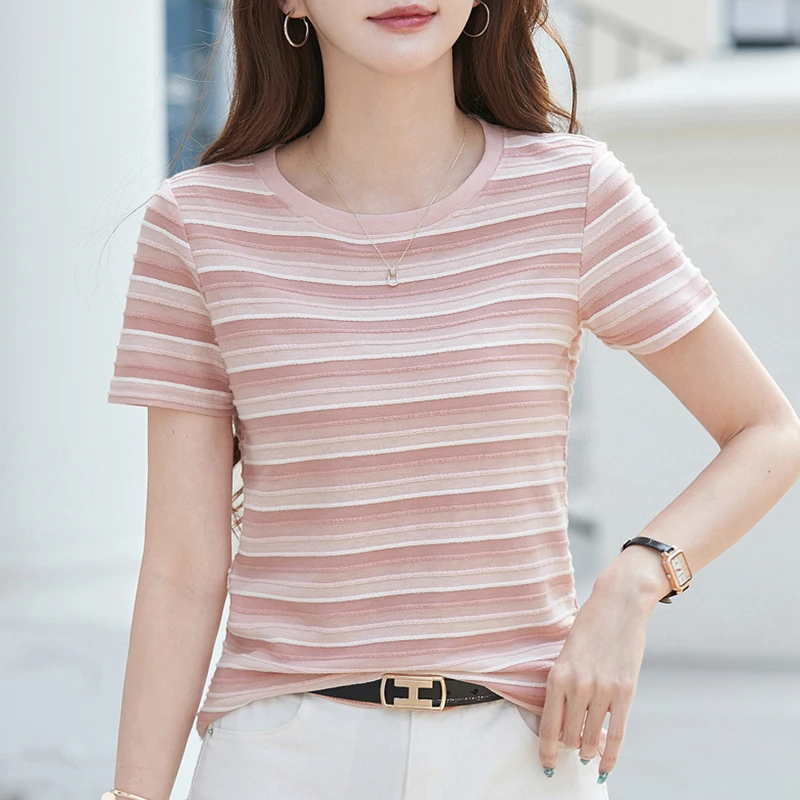 2025夏季新款条纹圆领短袖T恤女气质上衣洋气百搭体恤薄款打底衫