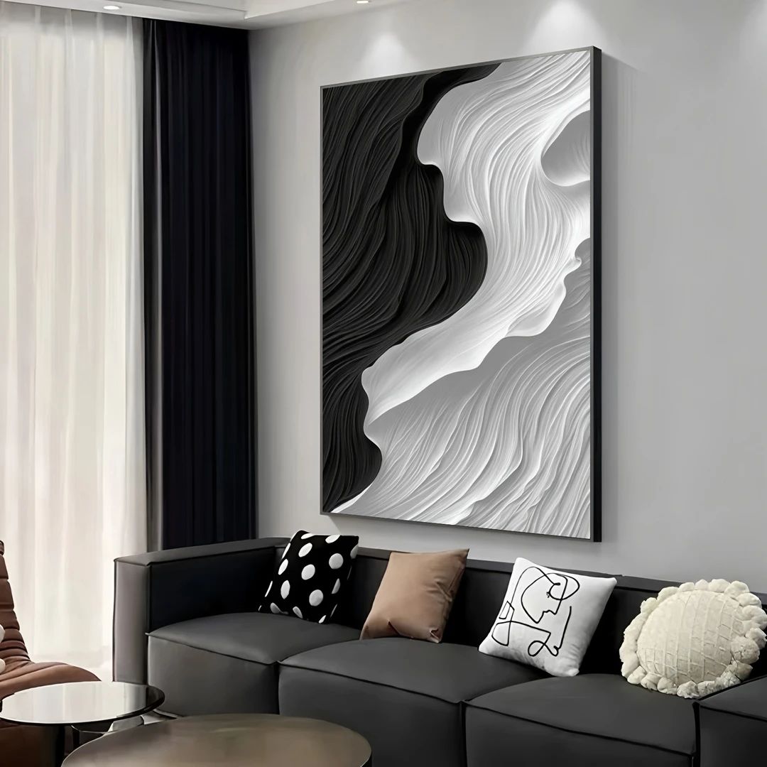 现代简约客厅装饰画黑白肌理感沙发背景墙挂画抽象艺术入户玄关画