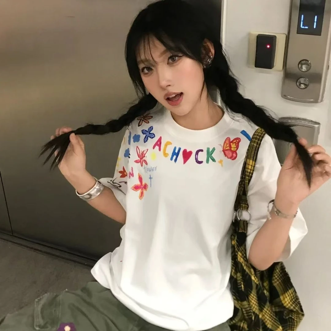 重磅220克大码落肩款纯棉短袖潮牌卡通创意涂鸦印花情侣T恤半袖