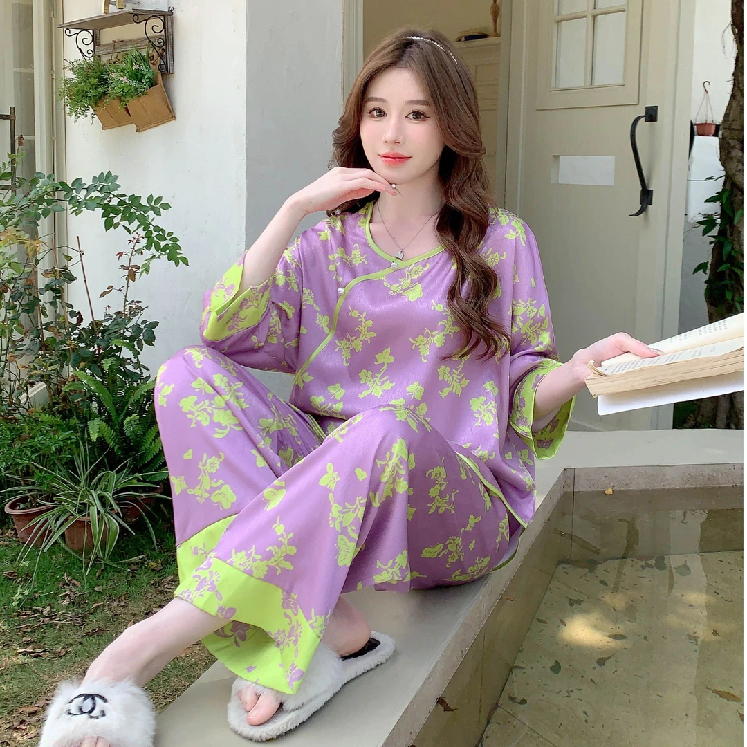 轻奢睡衣女春夏冰丝七分袖薄款套头ins网红爆款宽松长裤家居服