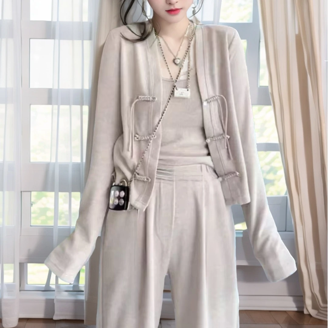 可可儿大码女装新中式国风流苏盘扣显瘦背心开衫两件套6977