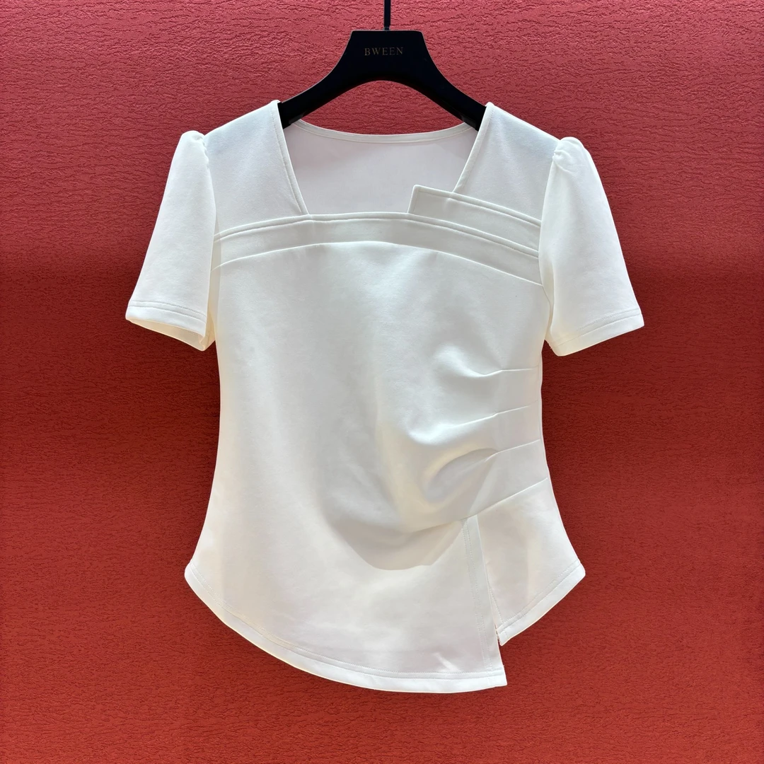 【不规则方领】25年夏季新款方领收腰时尚气质百搭女士显瘦短袖T恤