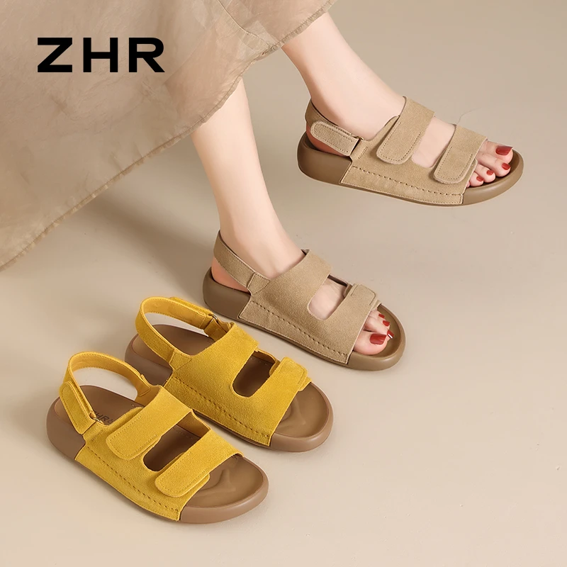 ZHR/则则牛反绒皮凉鞋女2025夏季百搭软底魔术贴勃肯凉鞋厚底女鞋