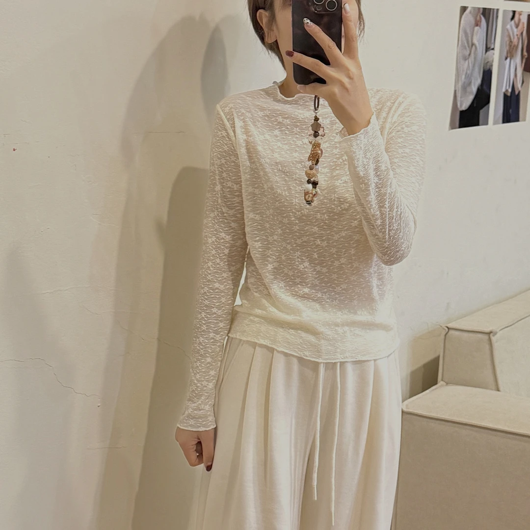 大妍小个子韩系简约秋冬季薄款长袖镂空针修身打底衫T恤8923