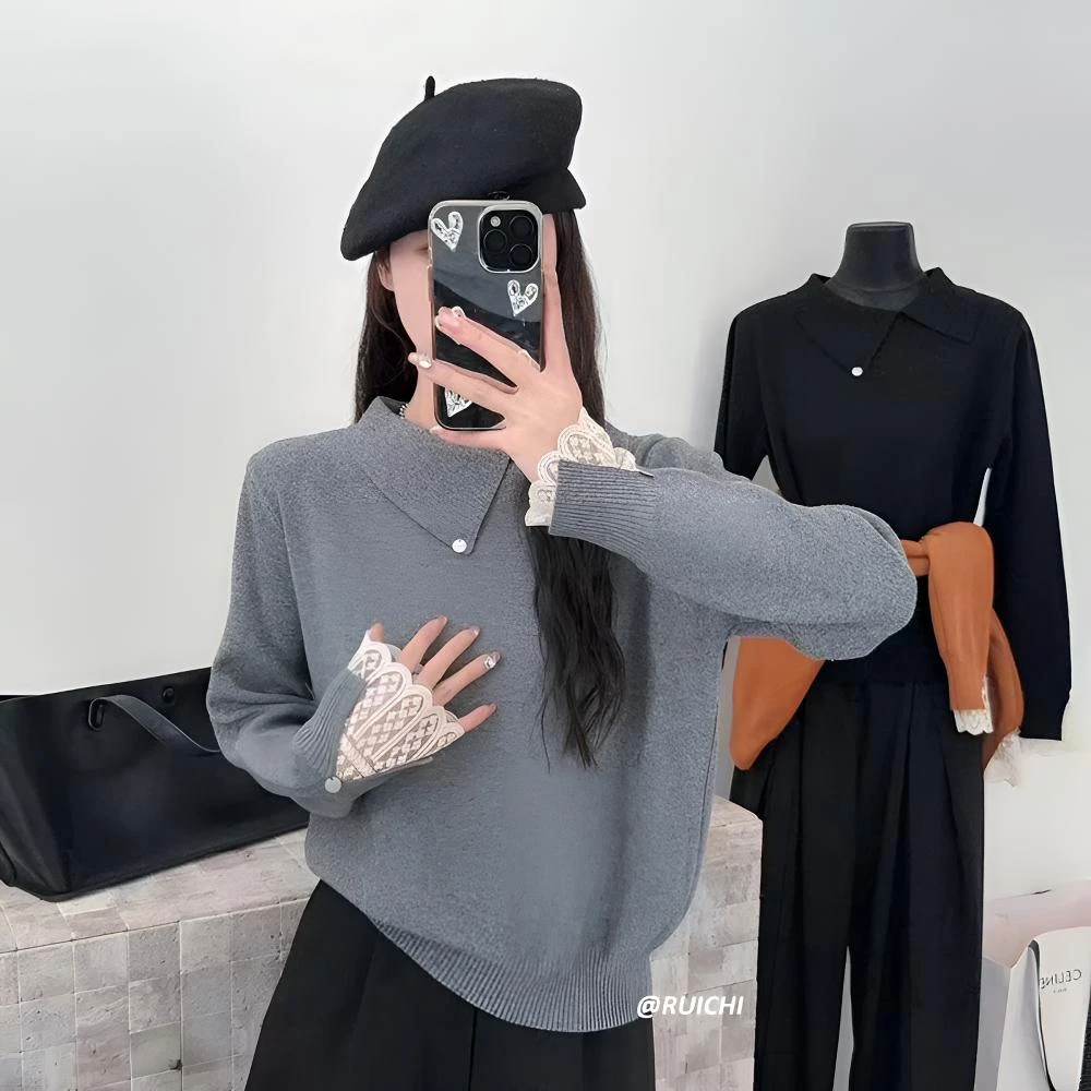 韩系2025秋季新款翻领小标蕾丝拼接袖口长袖套头针织衫高级上衣女