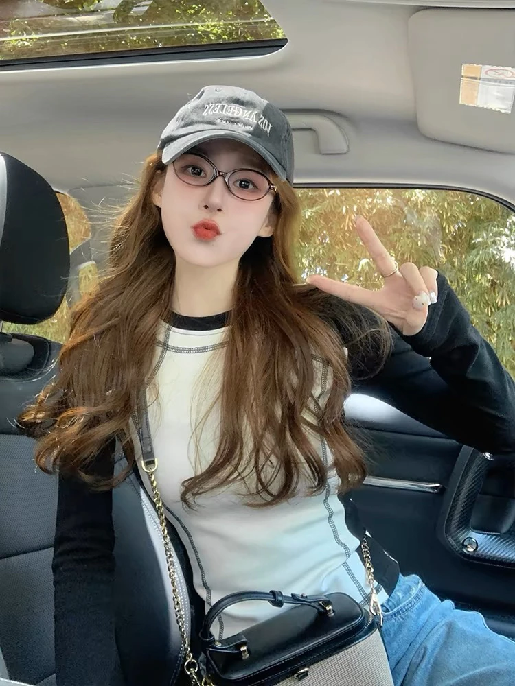 撞色秋冬长袖t恤女2025新款百搭美式辣妹修身显瘦内搭打底衫上衣