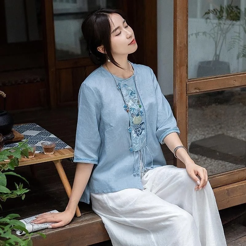 【清货+运费险】棉麻上衣刺绣花短袖中国风衬衫五分袖中式女Y329