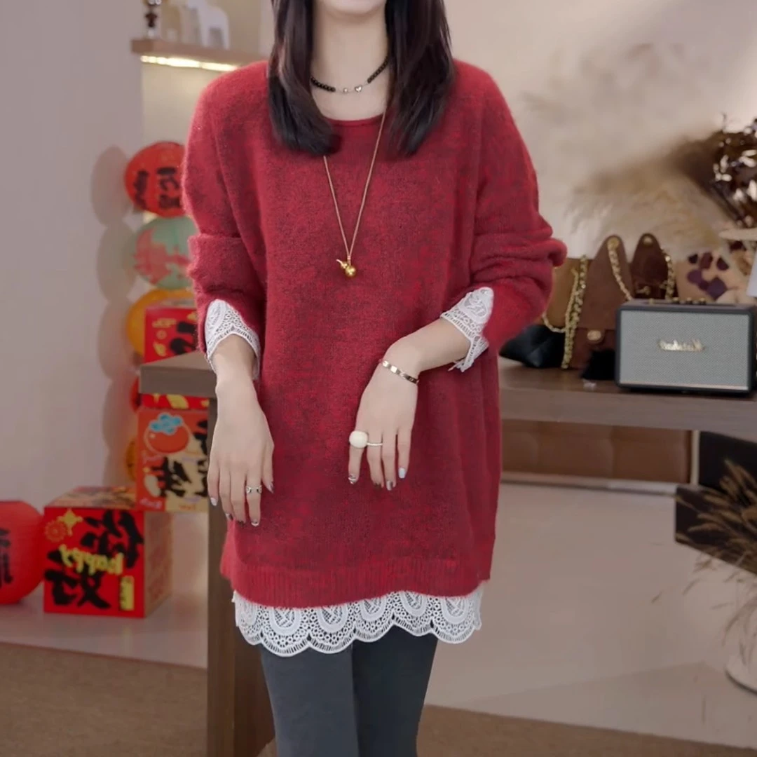韩系蕾丝拼接慵懒风套头毛衣女秋冬新款宽松藏肉显瘦中长款针织衫