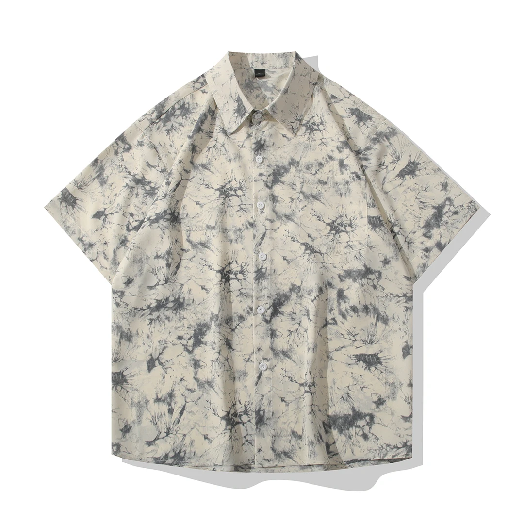 复古清新国风花卉冰丝衬衫短袖男士夏季晕染渐变印花潮流宽松衬衣