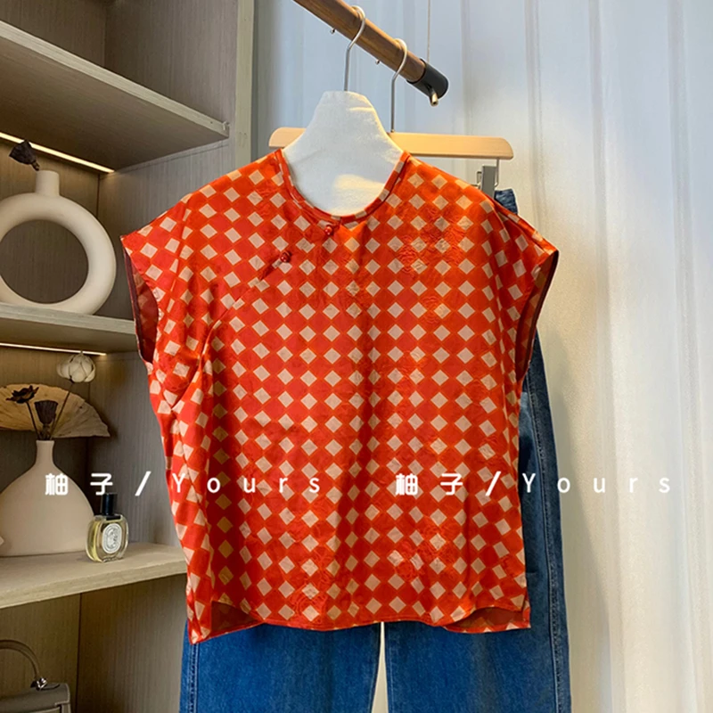 柚子yours【港风时代】100桑蚕丝红云纱复古风格纹显瘦飞袖上衣女