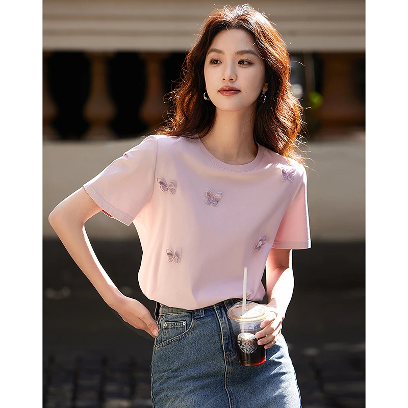 dme德·玛纳【蝴蝶绣片装饰】夏季180G棉氨打底衫短袖圆领女t恤28703