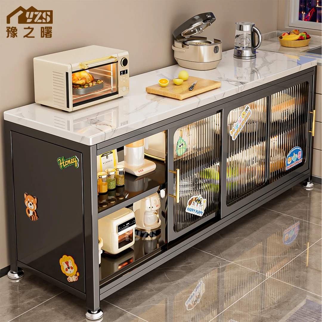 岩板推拉门厨房置物柜切菜桌操作台多功能收纳储物柜平移门餐边柜