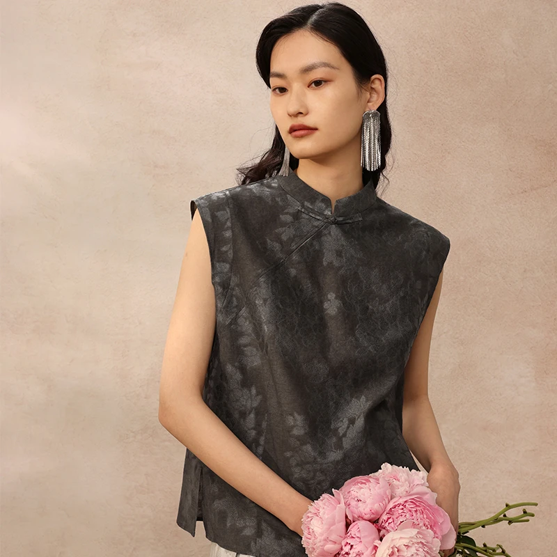 如意连云2025夏季新款剪花炒色短袖衬衫女新中式国风立领盘扣上衣