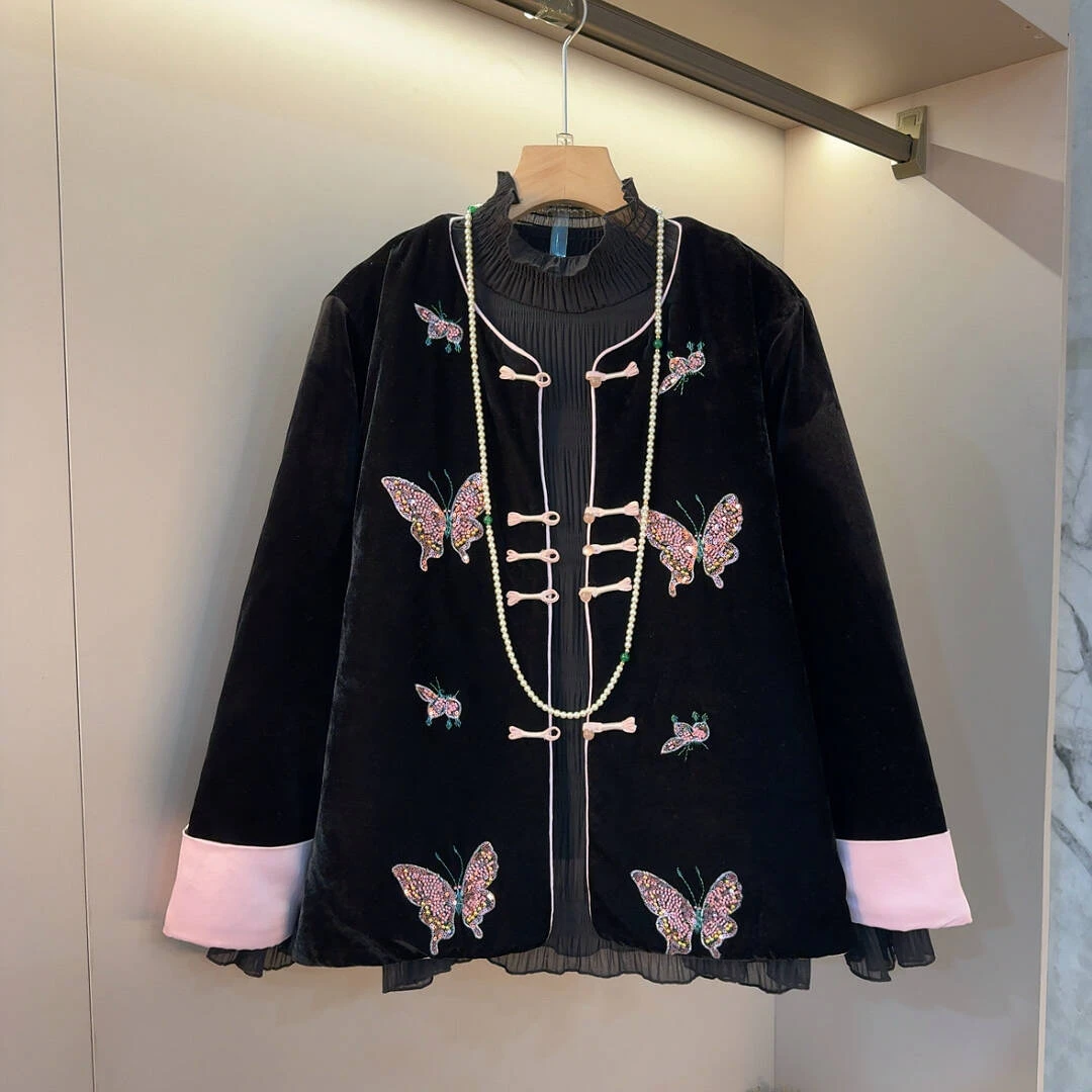 新中式盘扣圆领重工蝴蝶图案工艺拼接袖口时尚洋气棉服外套衣长60