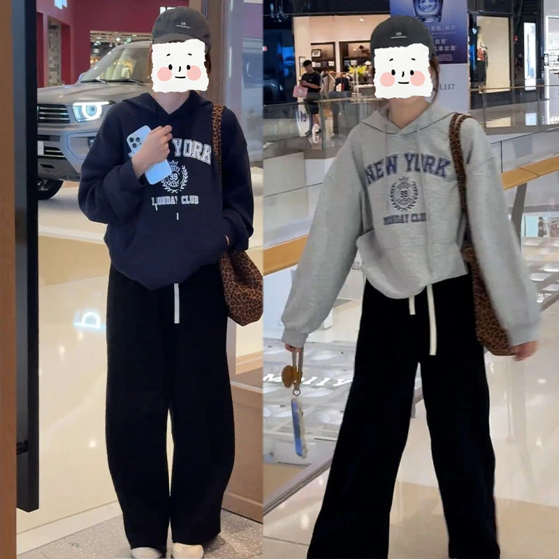 时尚套装早秋2025新款连帽印花宽松休闲卫裤直筒裤显瘦气质两件套