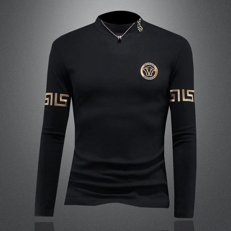 潮牌欧洲站时尚刺绣半高领长袖上衣男士秋冬季高端保暖套头打底衫