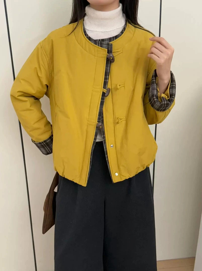 2025新款韩系撞色时尚百搭宽松显瘦设计感圆领厚款冬季棉服上衣