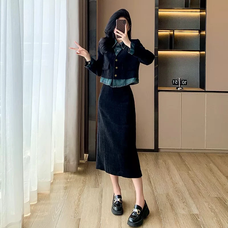 秋冬新款牛仔上衣半身裙套装女设计感显瘦气质加厚加棉两件套