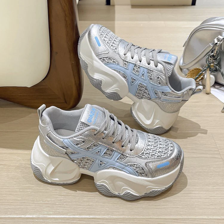 手工编织镂空增高老爹鞋透气2025夏季时尚休闲鞋运动鞋网面女鞋