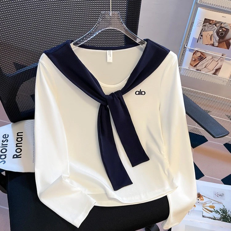2025早秋季新款撞色披肩海军领长袖t恤女设计感收腰褶皱短款上衣