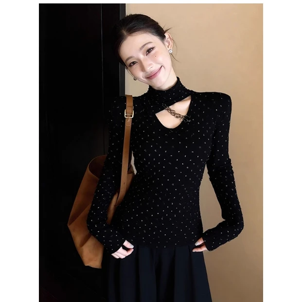 秋冬加厚磨毛烫钻镂空修身半高领打底衫女内搭甜辣妹长袖t恤上衣