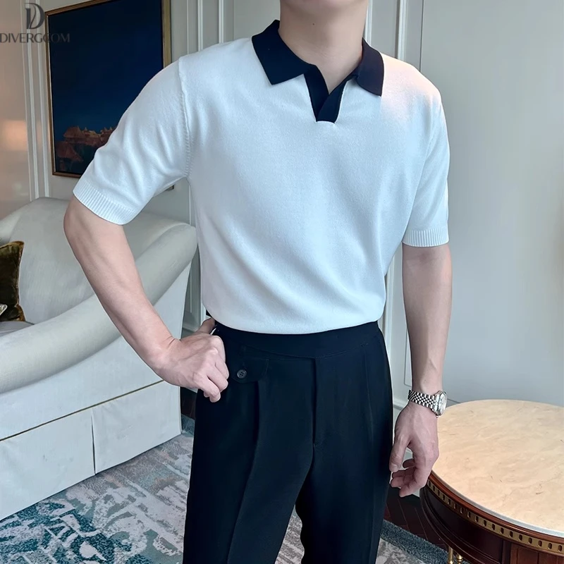 DIIIVERGOM轻奢拼色POLO衫男士夏季新款英伦休闲透气针织翻领T恤