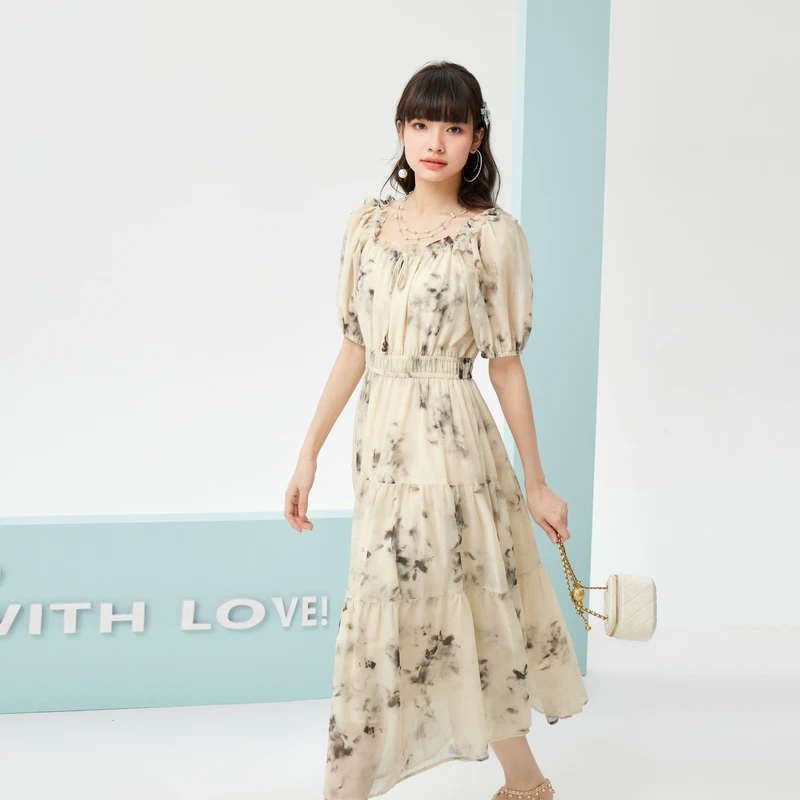 紫涵度假风碎花连衣裙2025夏季抽褶一字肩长裙Z4Z04BH515
