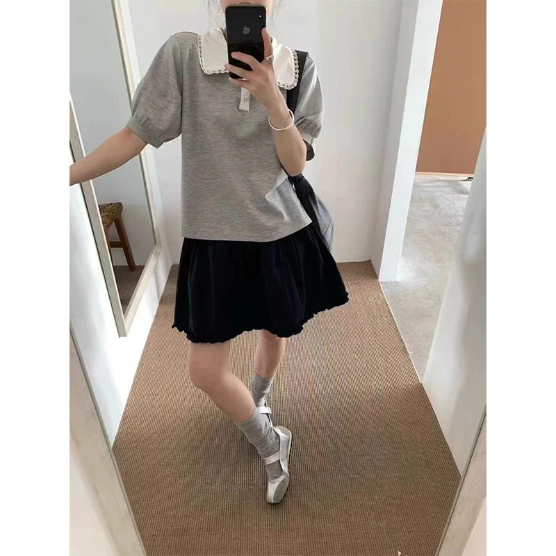 【上衣】韩系娃娃领设计少女感翻领宽松短袖T恤显瘦百搭洋气