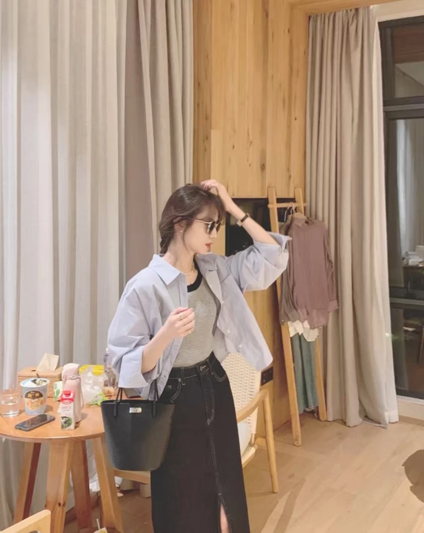 【春日信】早春小个子法式蓝色衬衫女高级感宽松长袖牛仔半裙三件套