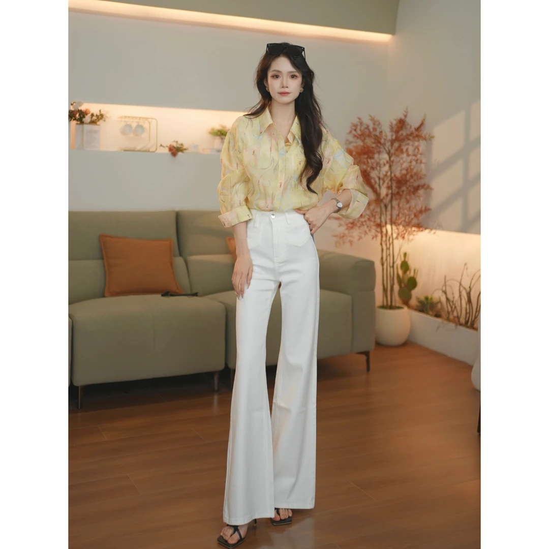 【F.Y】白色夏季薄款阔腿显瘦微喇牛仔裤女高腰不贴腿百搭提臀弹力