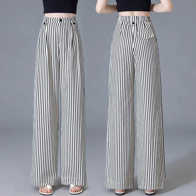 La babite 黑白条纹阔腿裤女夏季2025新款高腰宽松垂感休闲直筒裤
