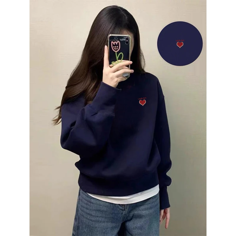 藏青色正肩圆领加绒卫衣女秋冬设计感小众独特别致小个子上衣洋气