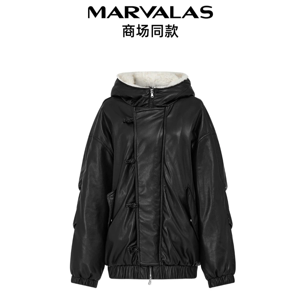 【专柜同款】M450307441曼德诗皮质羊毛绒羽绒服女冬季连帽外套