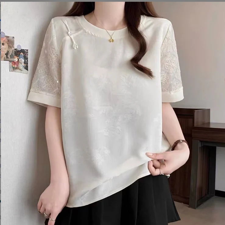 提花宽松型常规款短袖刺绣T恤设计感自发热和纸纱