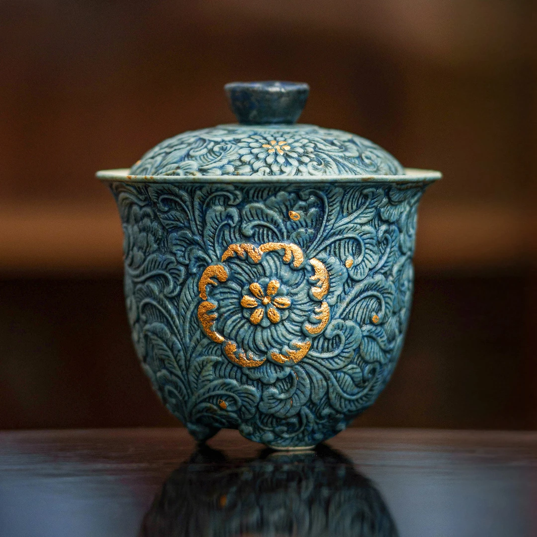 灰蓝火石红洒金浮雕盖碗单个高档陶瓷泡茶杯茶碗茶盅泡茶碗泡茶碗