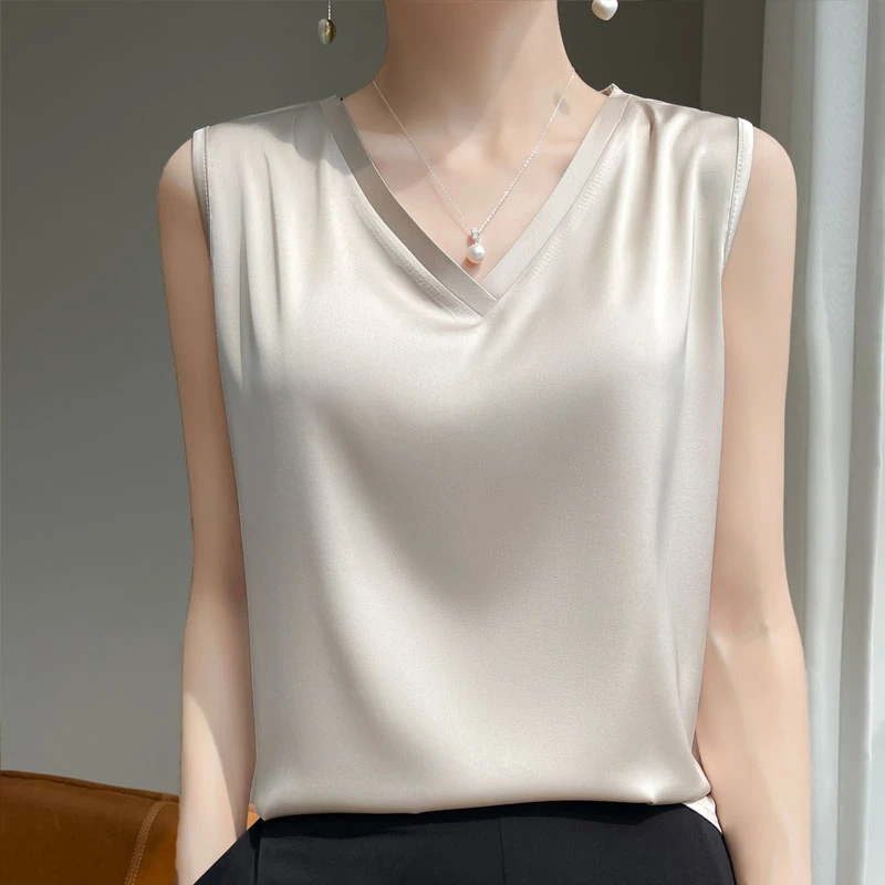 新款春夏缎面无袖背心西装大码吊带打底丝滑缎面上衣宽松外穿醋酸
