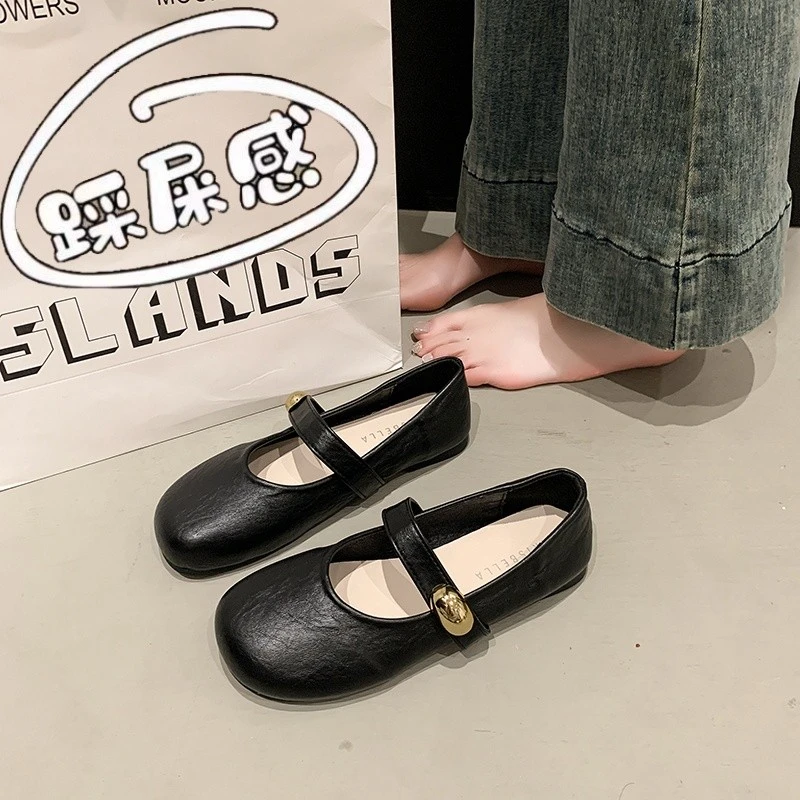 软皮平底温柔晚晚鞋法式单鞋女春秋季新款浅口魔术贴玛丽珍小皮鞋