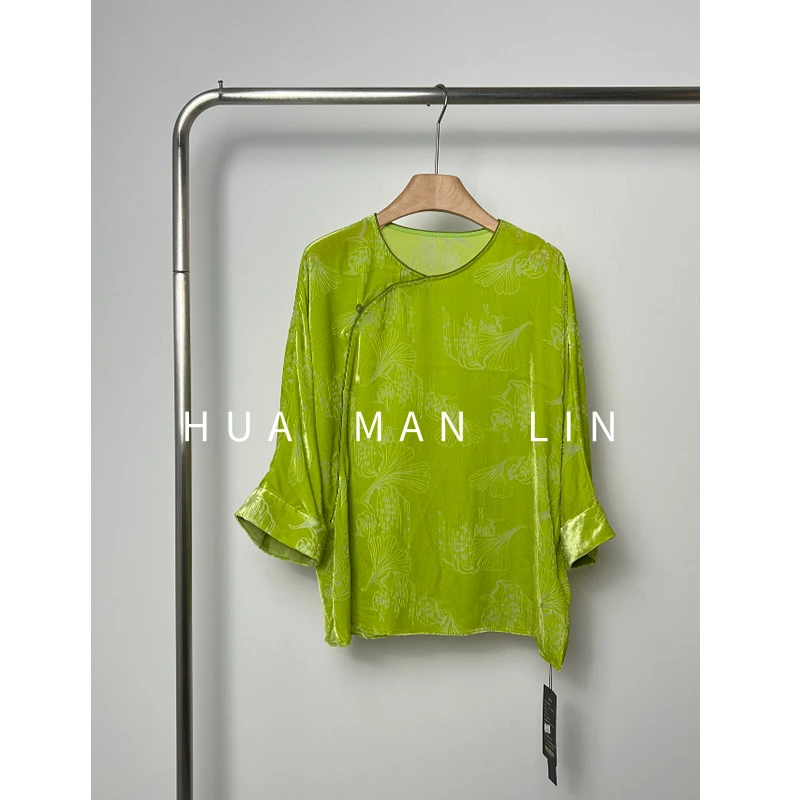 花滿林‘绿色银杏叶’圆领斜门襟真丝桑蚕丝丝绒上衣8157