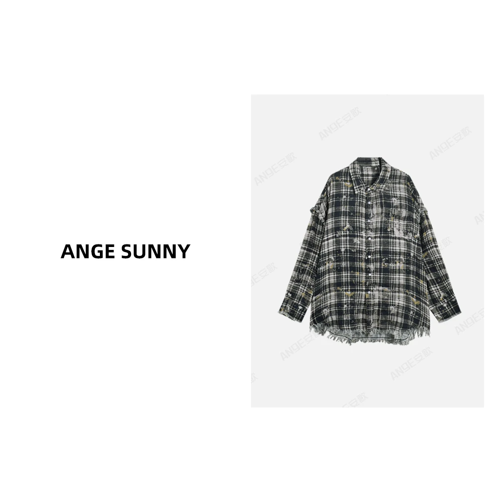 ANGE SUNNY【13泼墨格纹衬衫】磨毛复古宽松毛须边长袖上衣