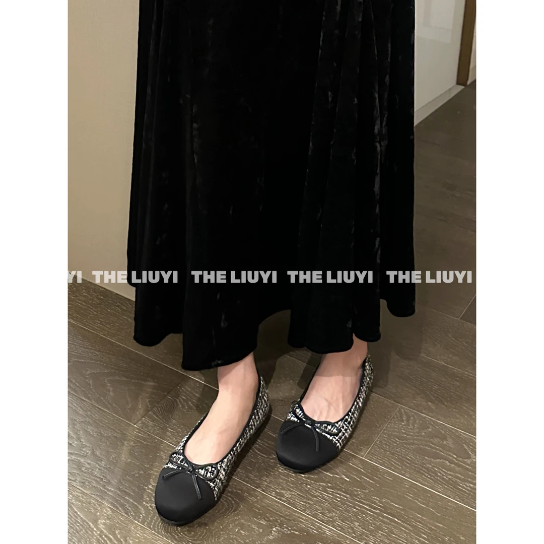 【LIUYI】小香风粗花呢撞色蝴蝶结浅口单鞋2780