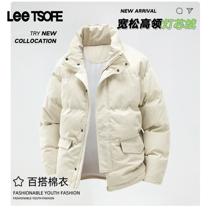 LEE TSOFE2025男秋冬新款灯芯绒加厚棉衣大口袋男立领短款棉服