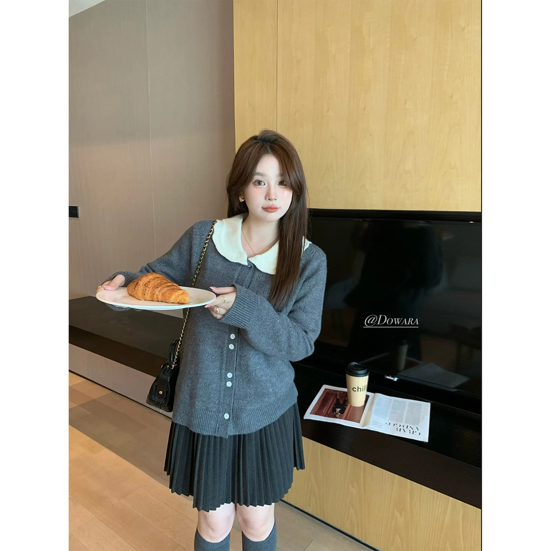 现货大婉酱微胖定制法式娃娃领毛衣开衫女早春松弛感针织衫 6400D