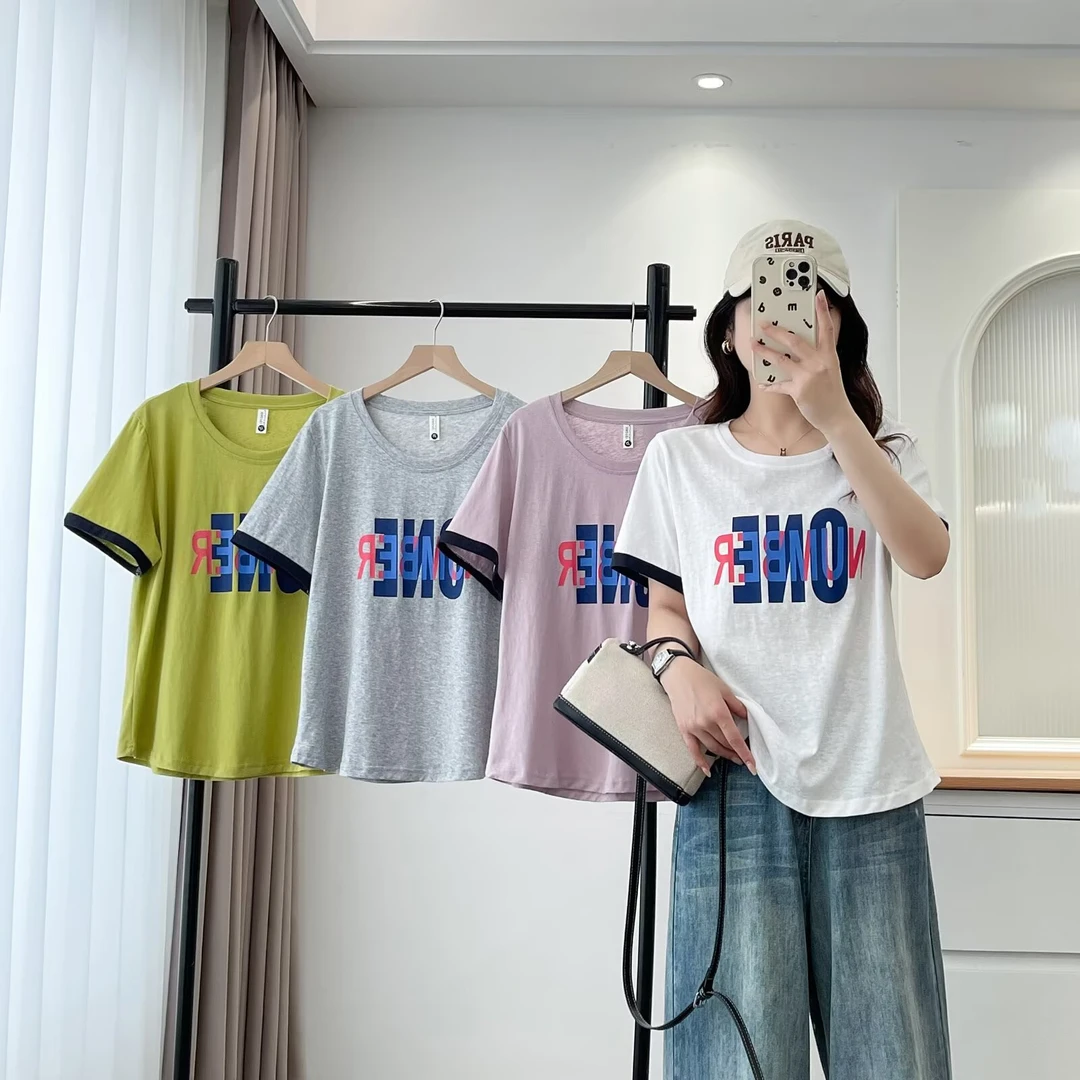大码胖mm时尚设计感撞色字母印花短袖T恤女夏季新款潮流上衣藏肉